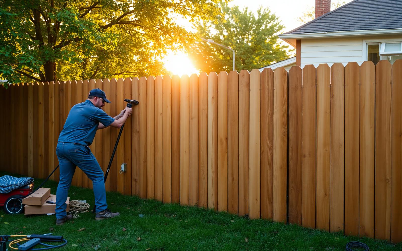 Fence installer building a new cedar privacy fence in a Westchester County backyard